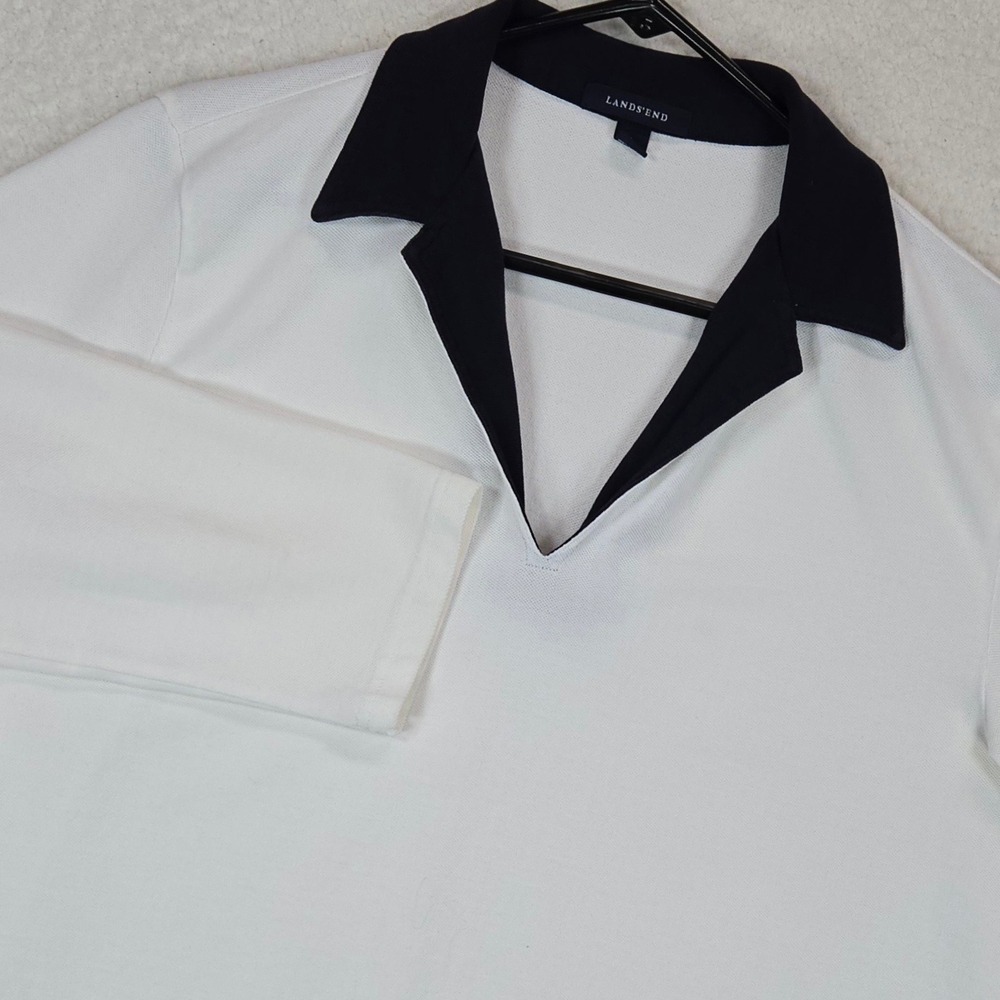 Lands End Polo Shirt Womens Size L White Black Contrast‎ Collar Split Neck Top